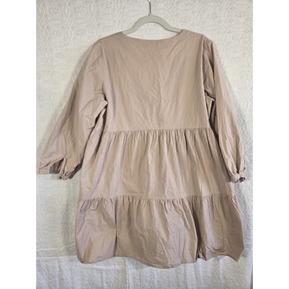 H&M Babydoll Mini Dress Womens L‎ Beige Tiered Button Front Cotton Boho Casual - Picture 7 of 8